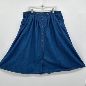 Vintage Sasson Denim Midi Skirt Plus Size 18W Pleated Pockets Snap‎ Front Blue